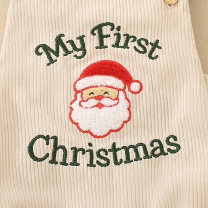 Newborn Baby My First Christmas Suspender Bodysuit Corduroy Santa Claus Embroidery Infant Sleeveless Holiday Romper Outfit