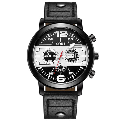 Sleek Men’s Watch Chic Brown Leather Band Quartz Watch Modern Black White Orange Three Eye Contrast Color Chronograph Wristwatch