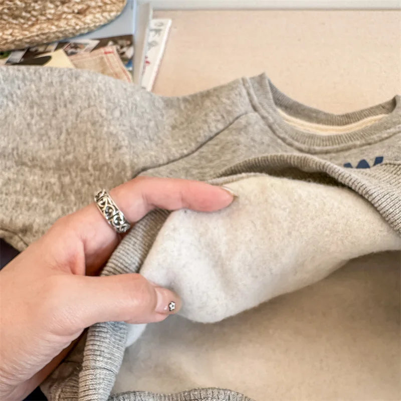deer jonmi 2025 Winter Children Letter Printed Sweatshirts Thicken Warm Baby Boys Casual Fleece Lining Pullovers Tops