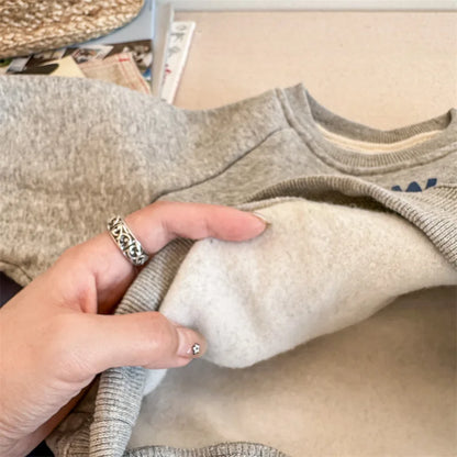 deer jonmi 2025 Winter Children Letter Printed Sweatshirts Thicken Warm Baby Boys Casual Fleece Lining Pullovers Tops