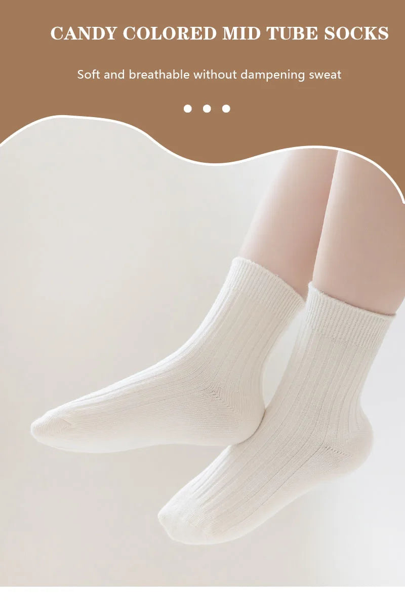 5 Pairs/Lot Children'S Socks Set Solid Color Double Needle Cotton Kids Mid-Tube Socks Candy Color Boys And Girls Student Socks