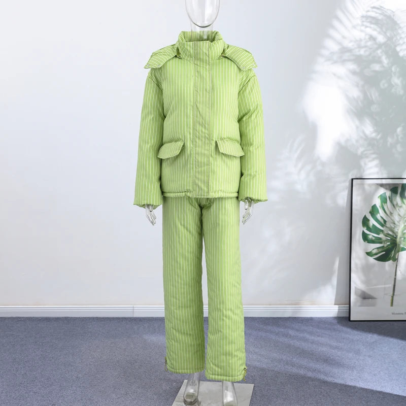 Casual Women's Stripe Set With Hat Full Sleeve Cotton Padded Coat Straight Pants Female Loose Sets 2026 Autumn Winter Lady Suit