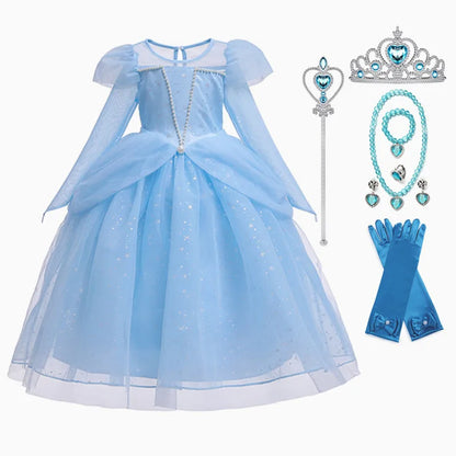 Elsa Cosplay Costume Kids Layers Deluxe Ball Gown Princess Dresses Aurora Christmas Wedding Evening Dress Girls Princess Dresses