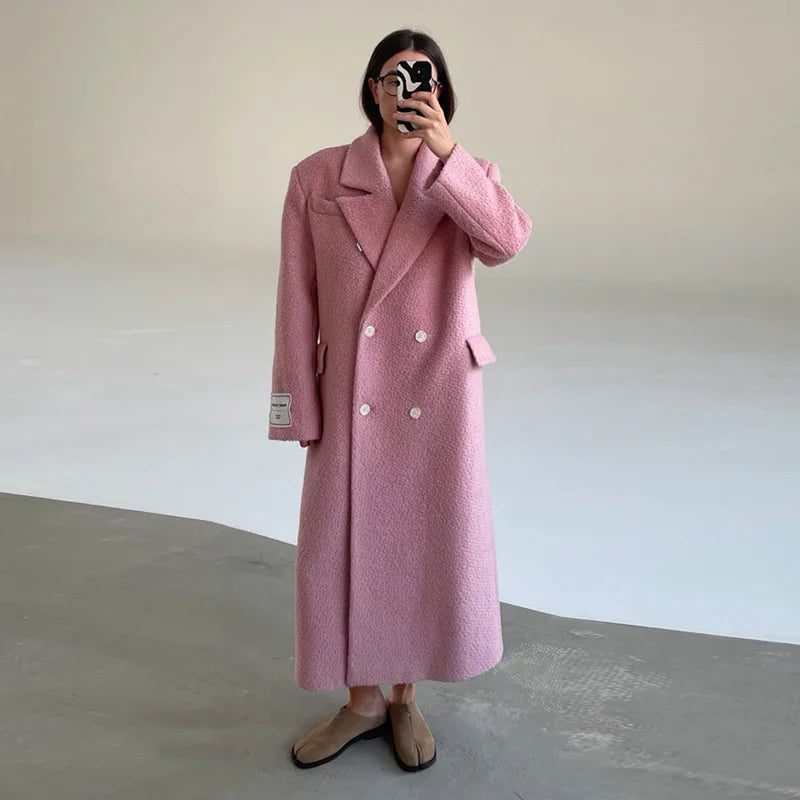 Women Olive Green Oversized Coat Notched Lapel Double Breasted Straight Outerwear Vintage Fall Winter Daily 2026 Office Outfit