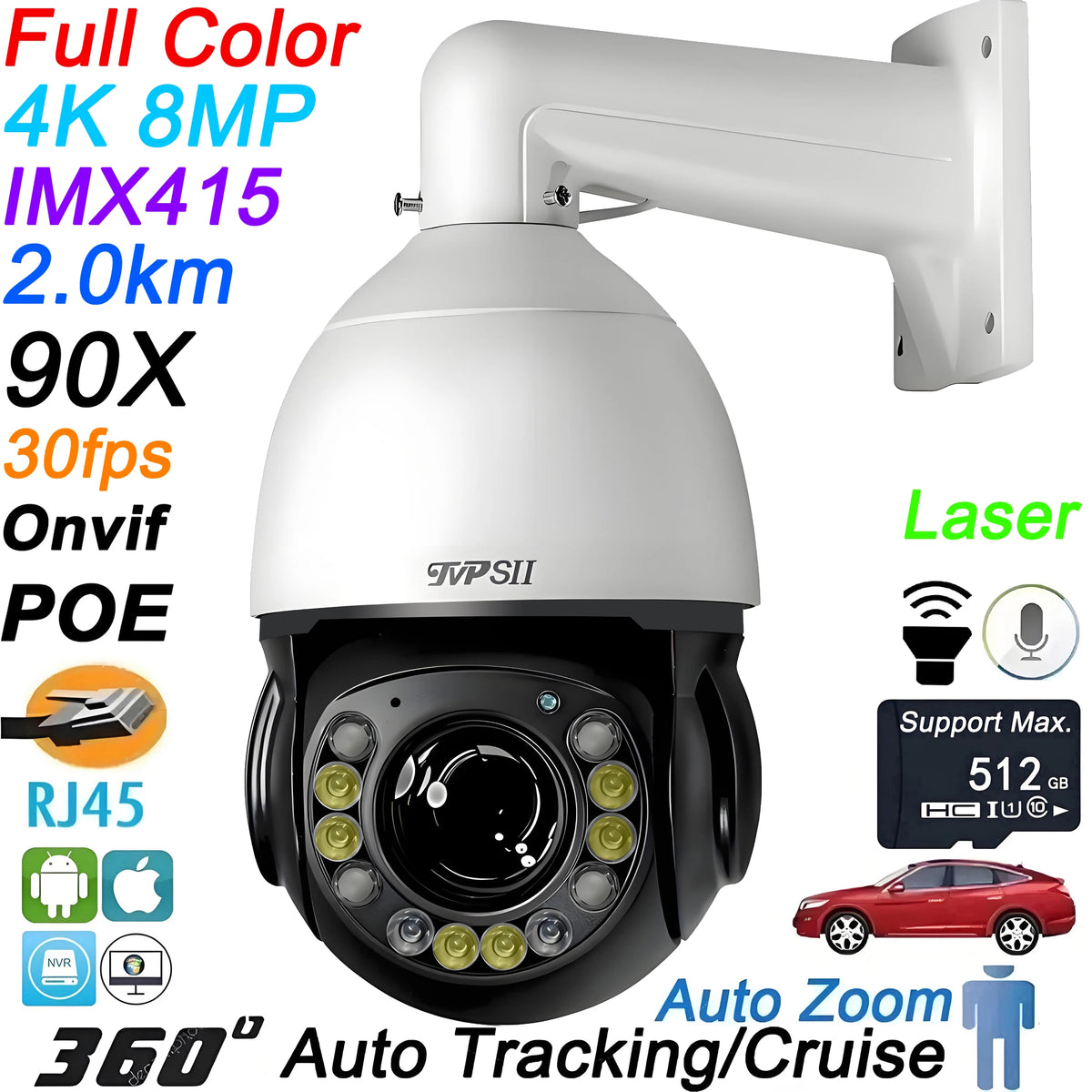 Metal Full Color Laser Infrared Auto Tracking Cruise 8MP 4K 30fps 90X Optical Zoom 360° Audio Onvif POE Speed Dome PTZ IP Camera