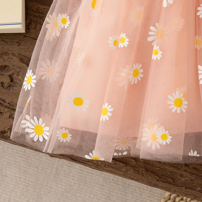 Baby Girl Dress Fashion Daisy Print Mesh Princess Dress Soft Comfortable Baby Outing Dress Girl Pink Birthday Gift
