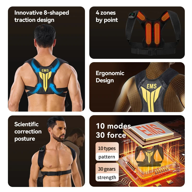 Electric Muscle Stimulator EMS Back Shoulder Vibration Stress Relief Massager Smart Muscle Toner Correct Body Posture USB Charge