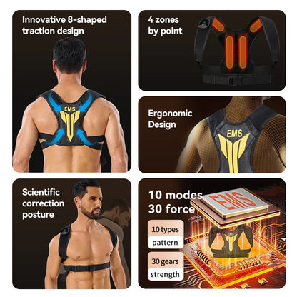 Electric Muscle Stimulator EMS Back Shoulder Vibration Stress Relief Massager Smart Muscle Toner Correct Body Posture USB Charge