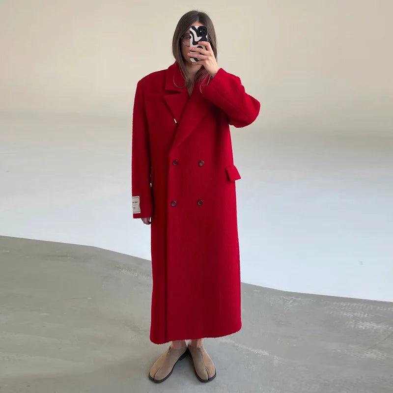 Women Olive Green Oversized Coat Notched Lapel Double Breasted Straight Outerwear Vintage Fall Winter Daily 2026 Office Outfit