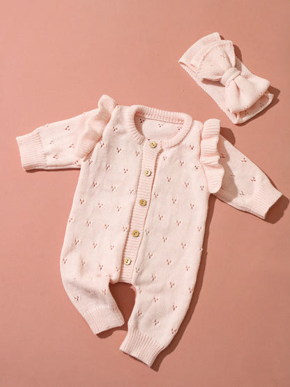 YlsteeeNewborn Baby Girl Knitted Romper Set with Bow Headband, Ruffle Sleeve Heart Knit Jumpsuit for 0-3M Photography Daily Wear