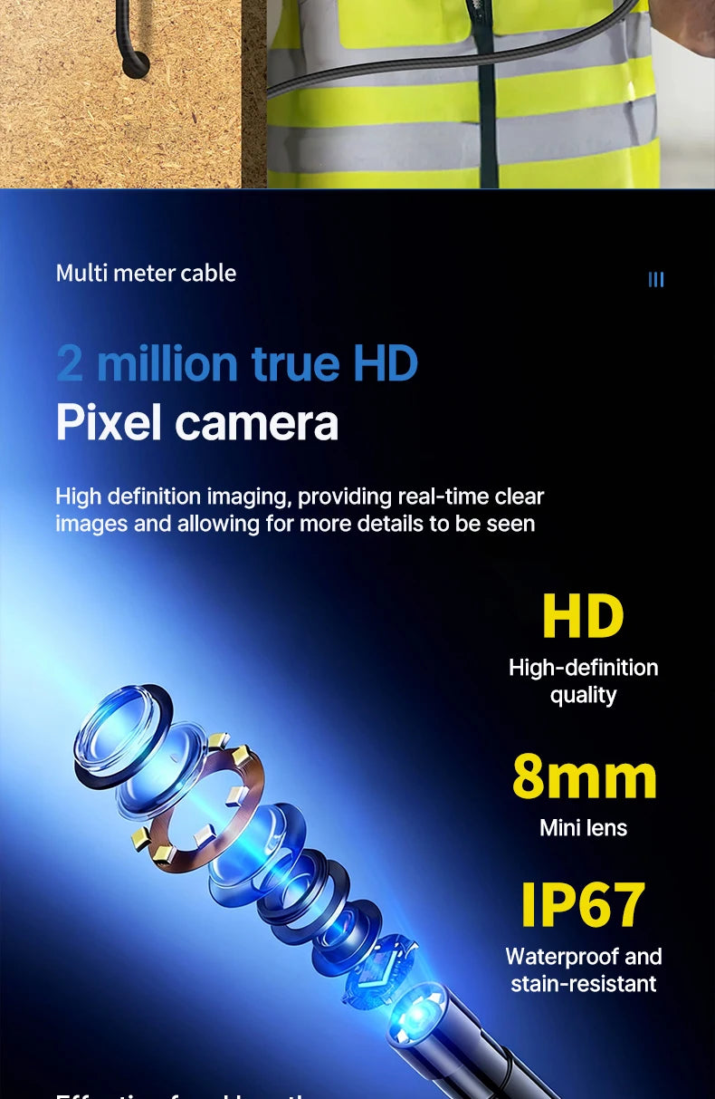 Endoscope Camera with Light, 8mm 1080P HD Borescope, IP67 Waterproof Snake Camera，Inspecting Walls, Automotive Engines, Pipes