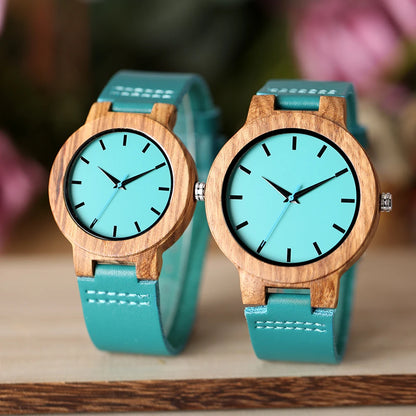 Unique Blue Genuine Leather Quartz Watch Men Women Fashion Minimalist Zebrawood Watch Case Couple Wristwatches Anniversary Gift