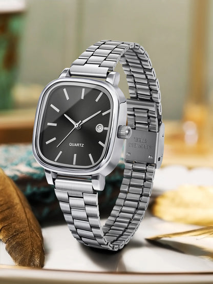 Couple Watches for Men and Women; Quartz Watches with Stainless Steel Bands and Calendar; Christmas Gift.