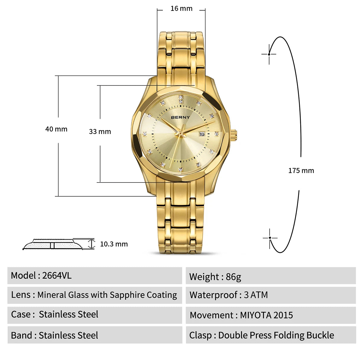 BERNY Golden Watch for Women Quartz Luxury Diamond Shape Lens Ladies Wristwatch Waterproof Stainless Steel Fashion Women Watch