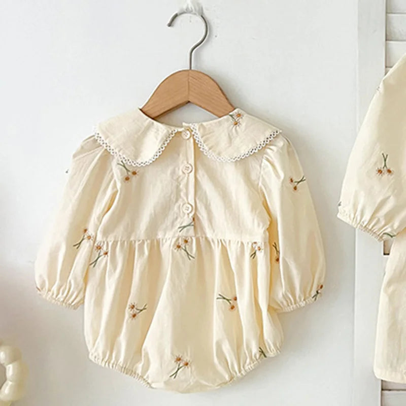 Spring 0-24M Baby Girl Clothing Toddler Baby Girl Romper Embroidery Flower Dots Cotton Romper White Infant Baby Girls Jumpsuit
