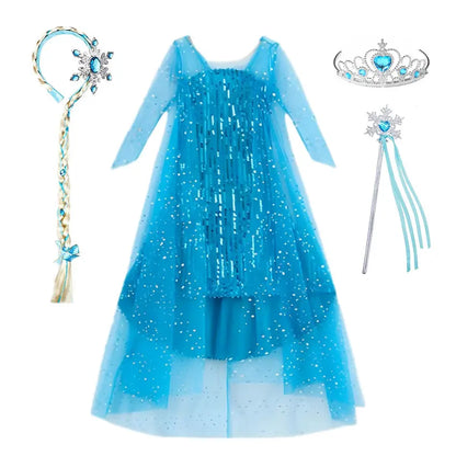 Girl Stunning Princess Maxi Dress All Body Sequin Covered Blue Train Sparkly Tulle Costume Snow Queen Party Elsa Cosplay Outfit