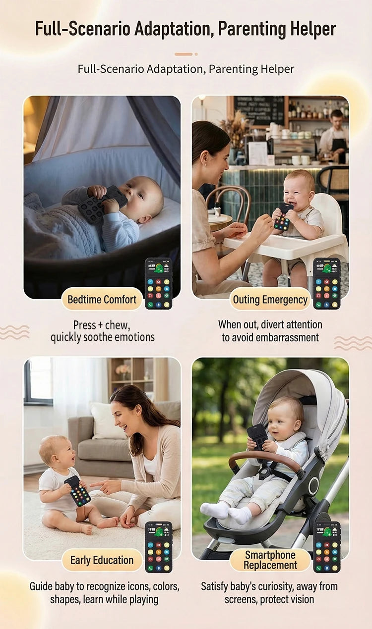 Baby Dinosaur Phone Teething Toy Food Grade Silicone Chew Molar Stick BPA Free Boilable Cute Toddler Teether Soothing Gum Relief
