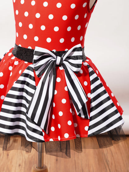 Girls Jazz Latin Ballet Dance Dress Polka Dots Print Mesh Sequin Bowknot Tutu Dress Birthdays Party Wedding Flower Girl Dresses