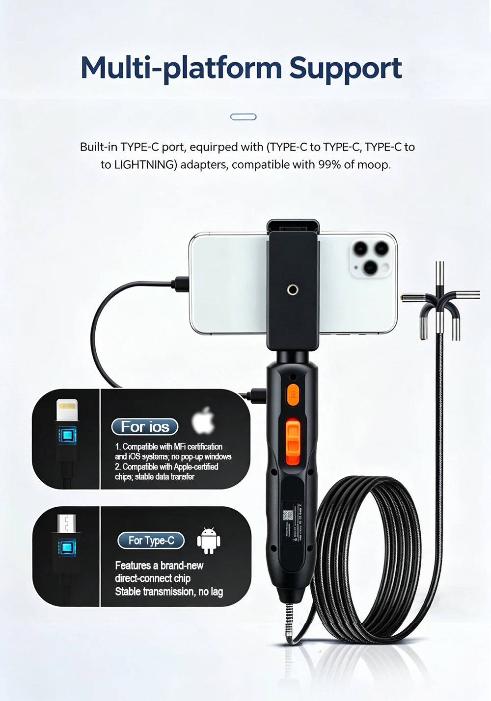 4K UHD 360° Two-Way Type-C Articulating 6mm Endoscope Camera Borescope Car Inspection Industrial Endoscope For IOS Android