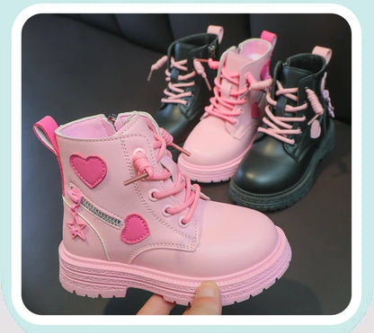 Girls Boots Kids Fashion Rubber Boots Cool Girl Autumn and Winter Cotton Soft Sole Pink with Love Side Zip Princess Round-toe PU