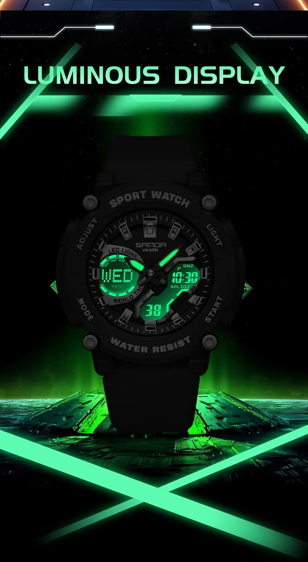 SANDA Outdoor Men's Electronic Wristwatch Large Dial Multifunctional Waterproof Luminous Alarm Military Sports Watch