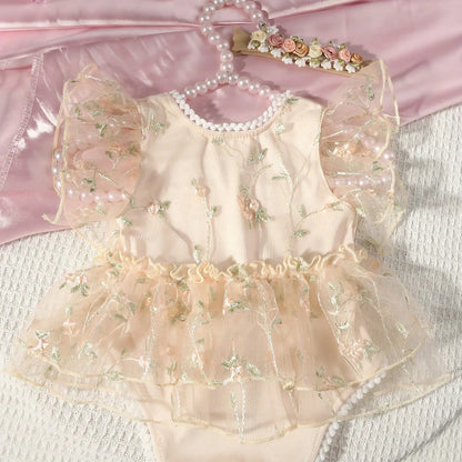 Ylsteed Newborn Daisy Embroidered Romper Baby's Short Sleeve Embroidered Mesh Clothes Full Moon Hundred Days Photo Shooting