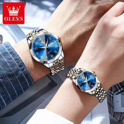 OLEVS 9970 Couple Watch For Men Women Luxury Number Dial Rhombus Mirror Quartz Hand Clock Stainless Steel Original Dress Watches