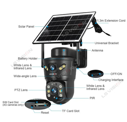 LS VISION Dual-Screen 4G/Wifi Outdoor Solar Camera Security 4K PIR Human Tracking CCTV Surveillance Camera V380 Pro Waterproof