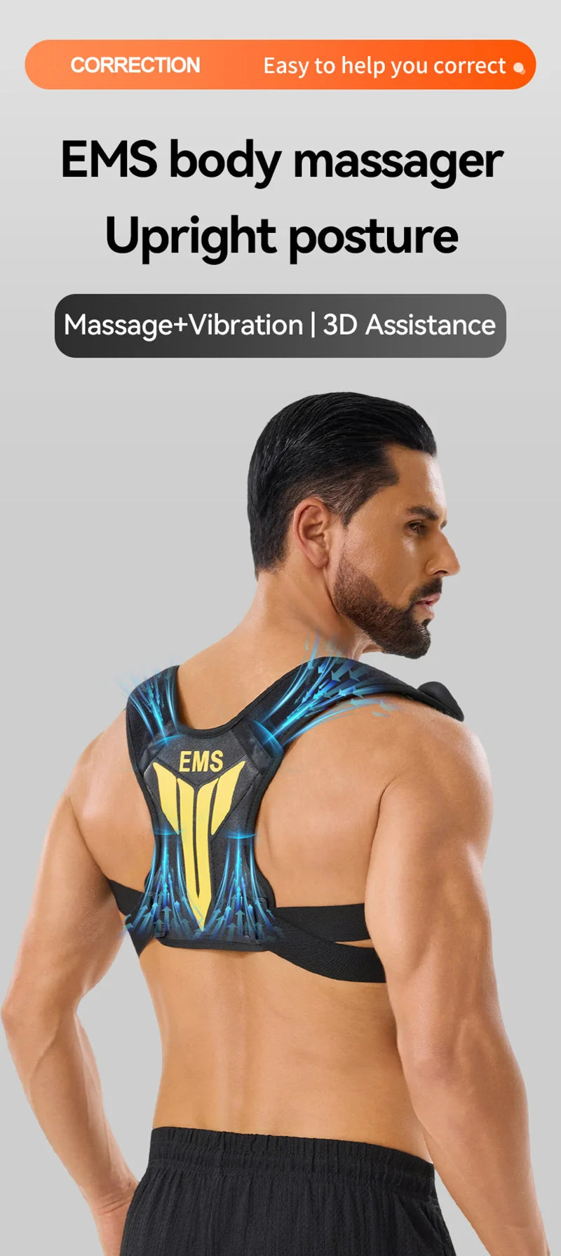 Electric Muscle Stimulator EMS Back Shoulder Vibration Stress Relief Massager Smart Muscle Toner Correct Body Posture USB Charge