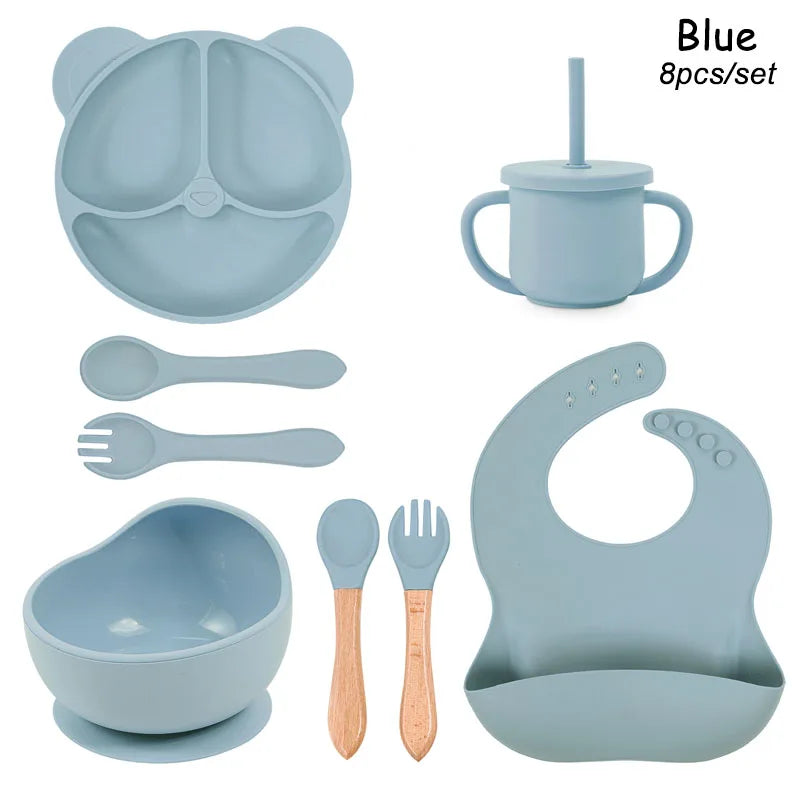 Feeding Set Silicone For Baby Sucker Bowl Dishes Plate For Kids Bear Plate Set Baby Tableware Children's Cup With Straw 8Pcs