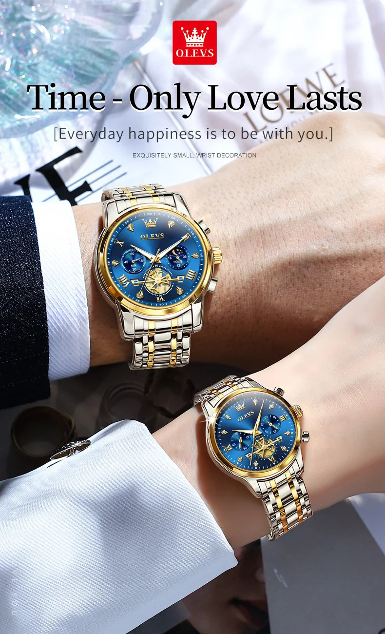 OLEVS Luxury Flywheel Design Couple Wristwatch Chronograph Waterproof Moon Phase Watch Brand Original Quartz Watch for Men Women