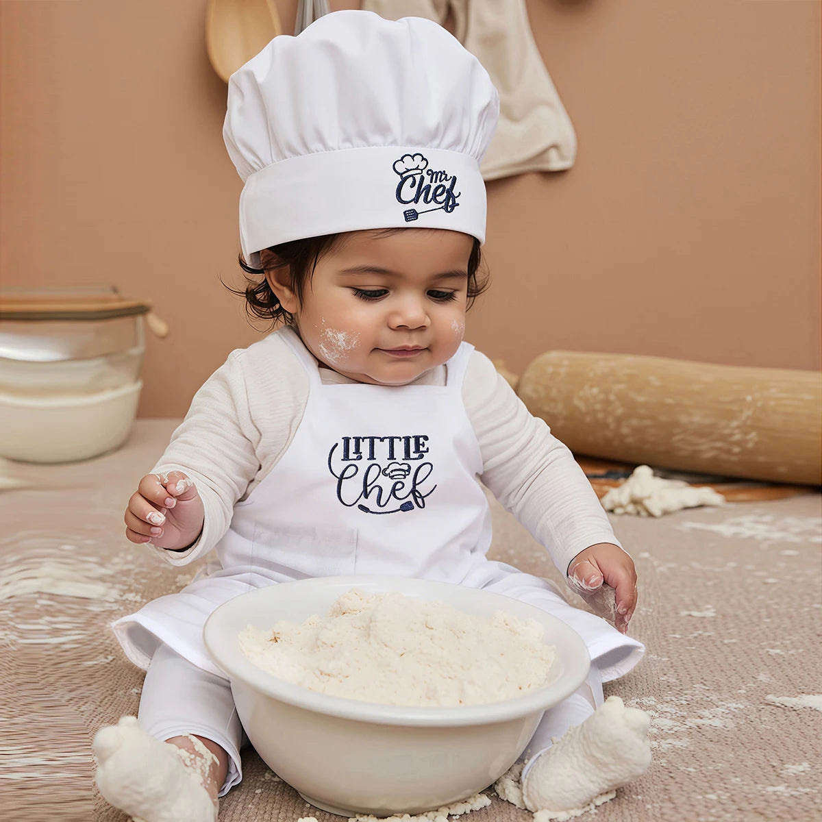 Ylsteed 2 Pcs Set Cute Baby Chef Apron and Hat Infant Kids White Cook Costume Photography Prop Newborn Hat Apron-HD