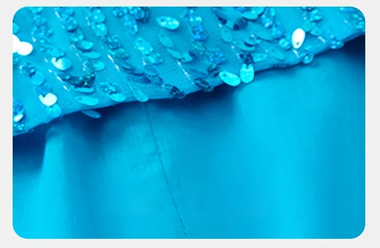 Girl Stunning Princess Maxi Dress All Body Sequin Covered Blue Train Sparkly Tulle Costume Snow Queen Party Elsa Cosplay Outfit