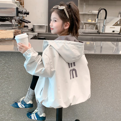 2026 Spring Autumn Girls Reversible Waterproof Hooded Jacket Teen Kid Letter Print Windbreaker Coat Children Loose Outerwear Top