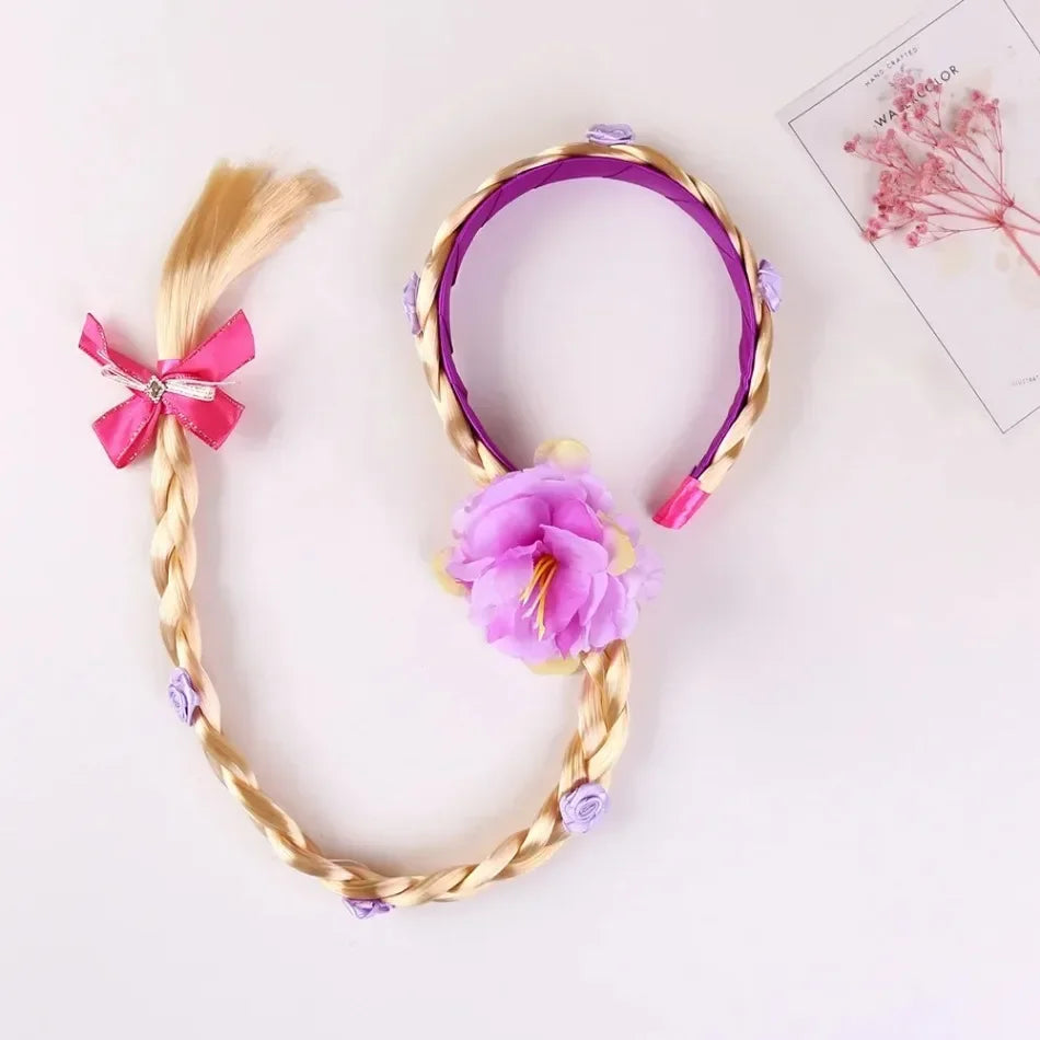 Girls Pink Blue Purple Flower Weaving Braid Headband Kids Princess Dress Up Hair Accessories Aurora Elsa Sofia Rapunzel Wig