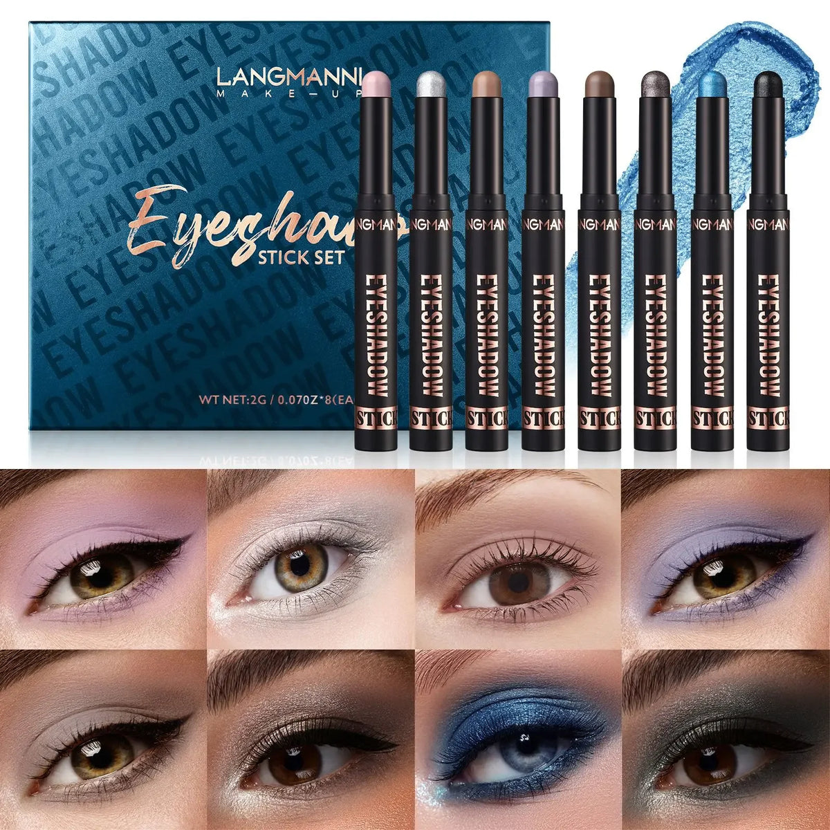 Waterproof Long Lasting Metallic Eyeshadow Sticks Satin Finish 16 Vibrant Colors Professional Makeup Pencil Crayon Set 8PCS