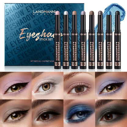 Waterproof Long Lasting Metallic Eyeshadow Sticks Satin Finish 16 Vibrant Colors Professional Makeup Pencil Crayon Set 8PCS