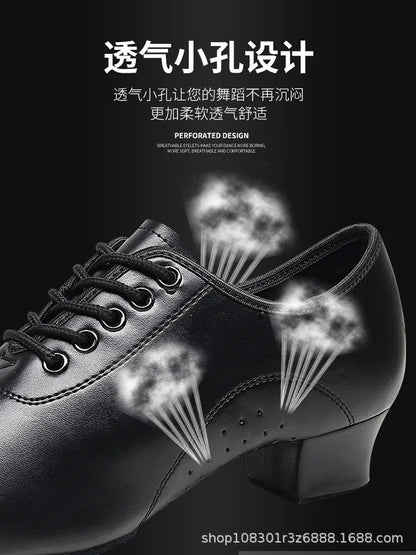 Children Latin Dance Shoes Boy Men Professional Leather Latin Shoes Black Soft Sole Kids Low-heeled Social Modern Dance Shoes