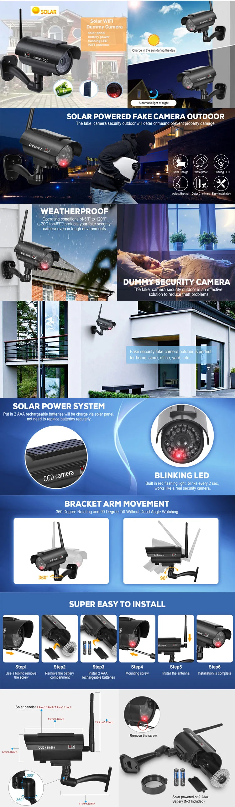 Aumengear Solar Powered Fake Security Camera, Bullet Dummy Security Camera Simulated Surveillance System with Red Flashing Light