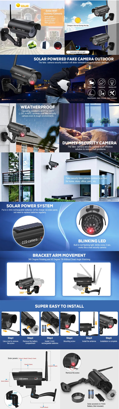 Aumengear Solar Powered Fake Security Camera, Bullet Dummy Security Camera Simulated Surveillance System with Red Flashing Light