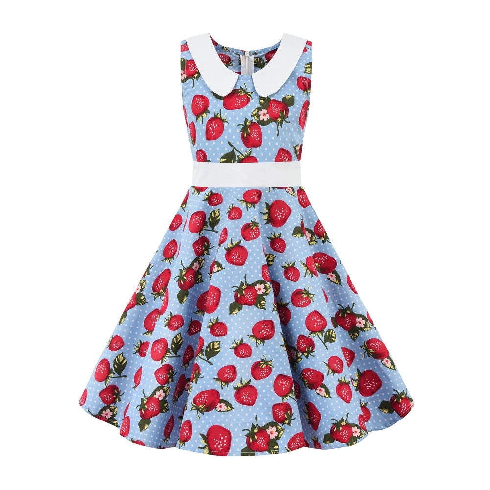 LPATTERN Girls' Vintage Rockabilly Dress Party Retro Polka Dot Floral Pattern A-line Dresses Pleated Skirt Knee-Length for 4-10Y
