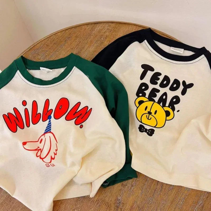 1-7y Toddler Infant Spring Autumn Tops Cartoon Printed Tees For Baby Girl Boy Long-Sleeved Casual Costume Fashion Patchwork Tees