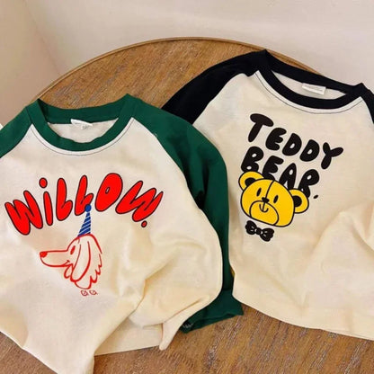 1-7y Toddler Infant Spring Autumn Tops Cartoon Printed Tees For Baby Girl Boy Long-Sleeved Casual Costume Fashion Patchwork Tees