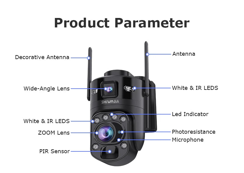 SHIWOJIA 60X ZOOM Solar Camera 4G 10MP AOV 24/7 Video Recording Dual Lens 360° 14W Solar Panel Security WIFI Camera PIR Monitor