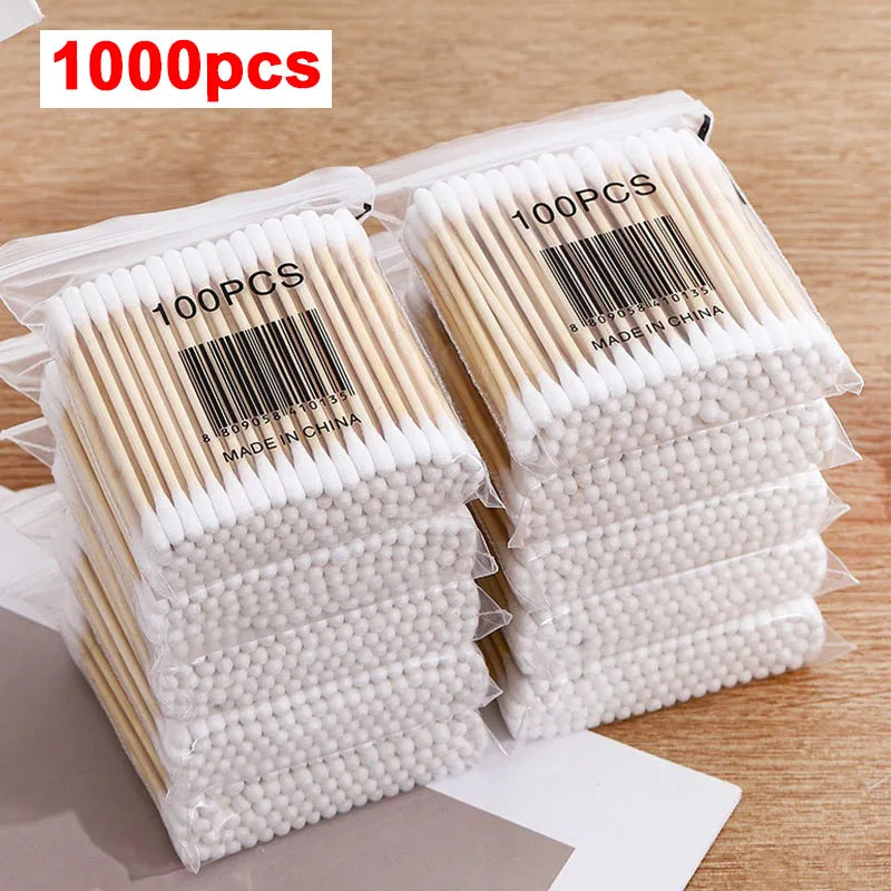 1000Count Cotton Swabs Cotton Swabs for Ears Double Round Bamboo Sticks Cotton Buds Suitable for Makeup and Cleaning HZM01