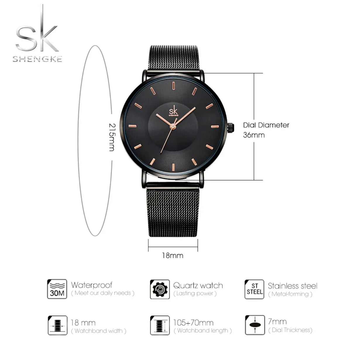 Shengke Fashion Black Watch for Women Classic Relogio Feminino Quartz Ladies Watch Woman Adjustable Mesh Strap Montre Femme