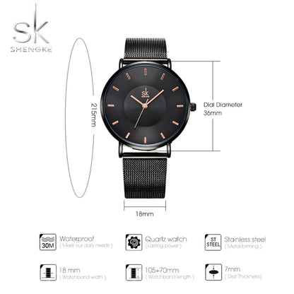Shengke Fashion Black Watch for Women Classic Relogio Feminino Quartz Ladies Watch Woman Adjustable Mesh Strap Montre Femme