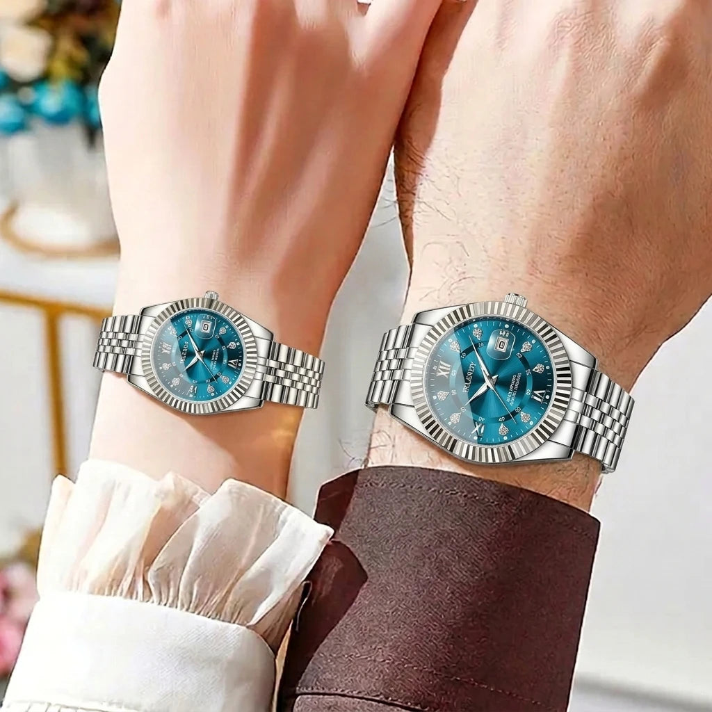 2PCS Fashion Couple's Watches Set Luxury Rhinestone Roma Dial Women Quartz Watch Men Calendar Business Wristwatches（Without Box）