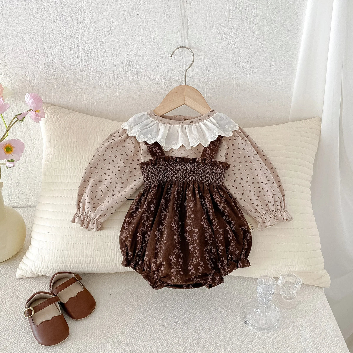 Spring Baby Girls' Lace Collar Pullover Top With Retro Floral Suspenders Pants Set