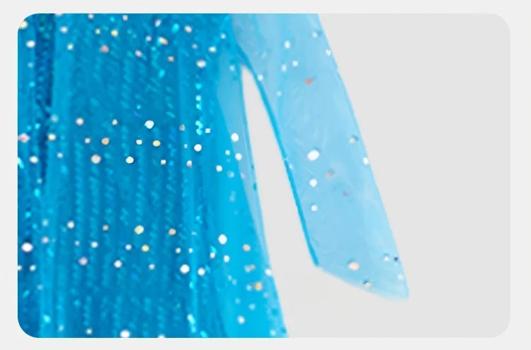 Girl Stunning Princess Maxi Dress All Body Sequin Covered Blue Train Sparkly Tulle Costume Snow Queen Party Elsa Cosplay Outfit